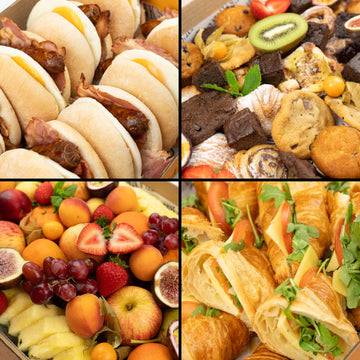 Breakfast - morning catering options including pastries, fruit, yoghurt and hot baps