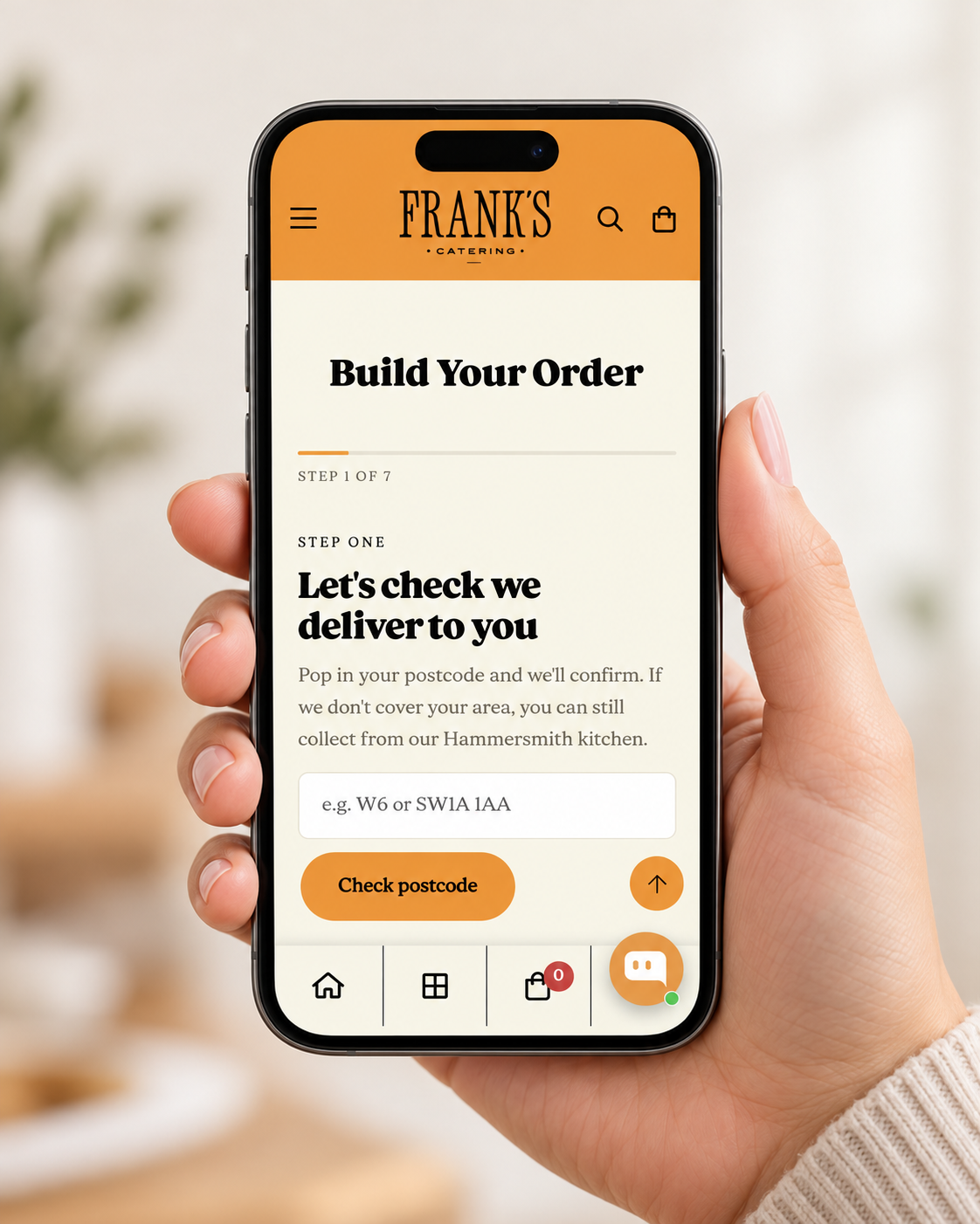 Frank's Catering Order Builder shown on a smartphone
