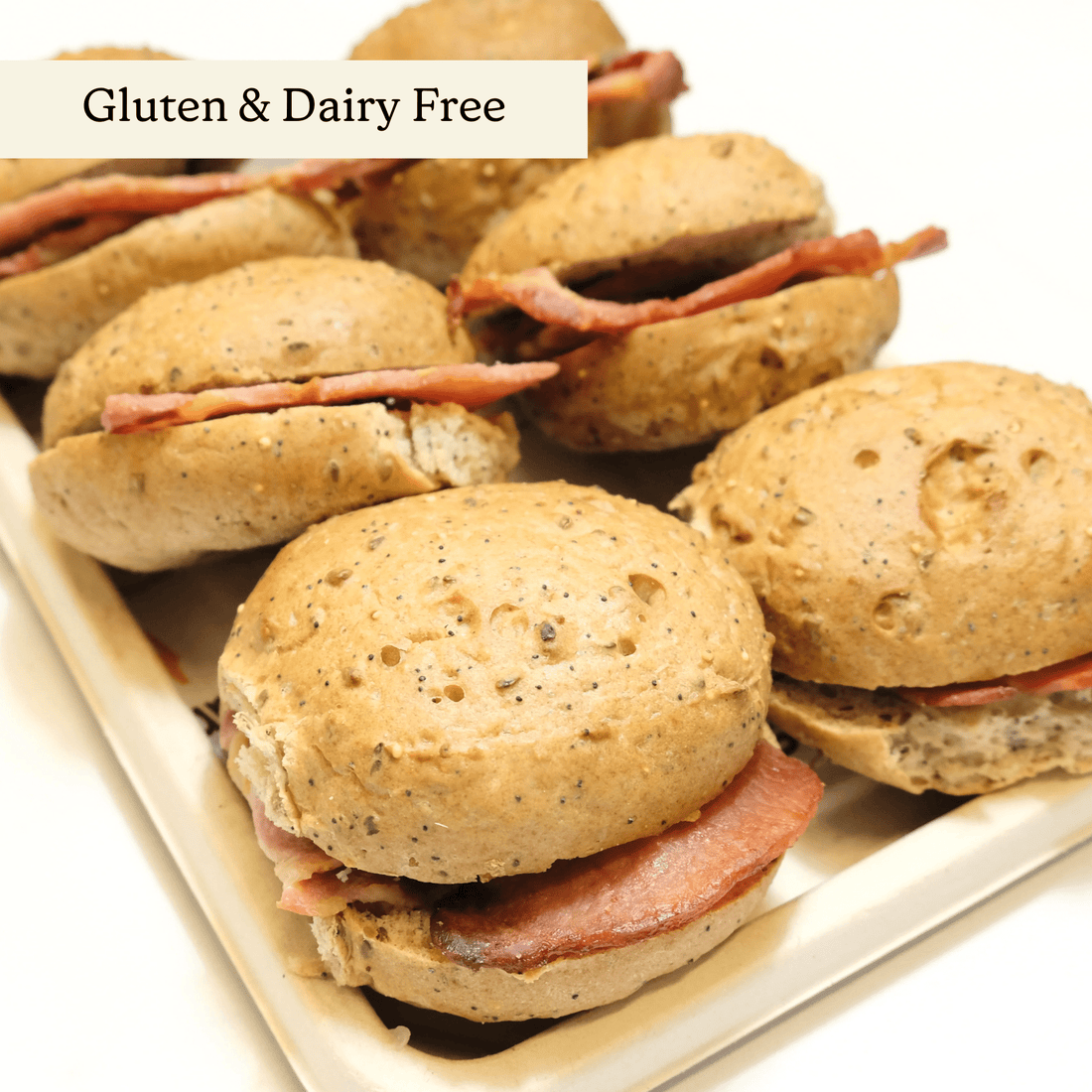 Bacon Gluten Free Breakfast Baps - clearly labelled, ready to serve, and sustainably packaged