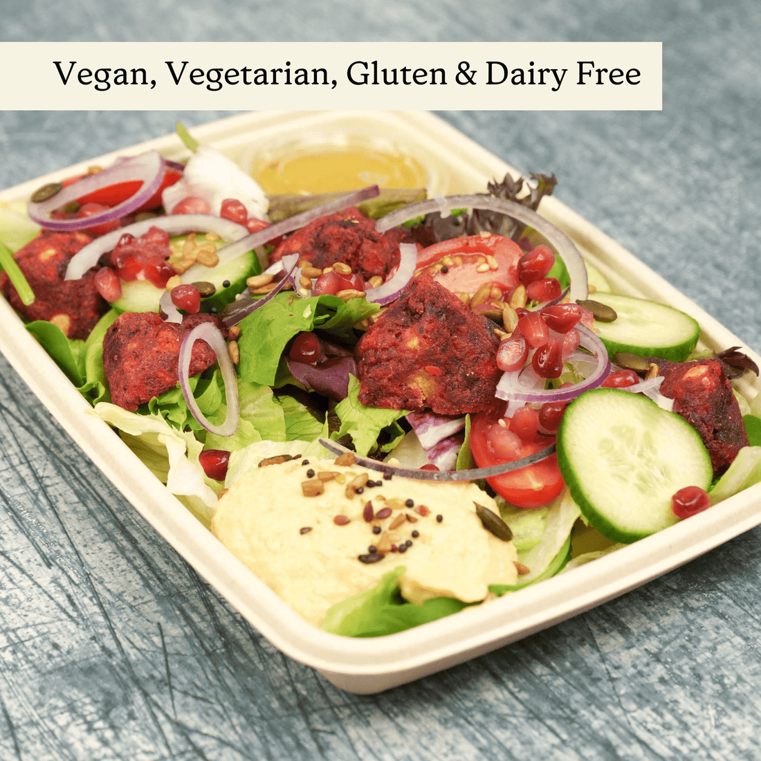 Falafel Mezze Salad For One - clearly labelled, ready to serve, and sustainably packaged