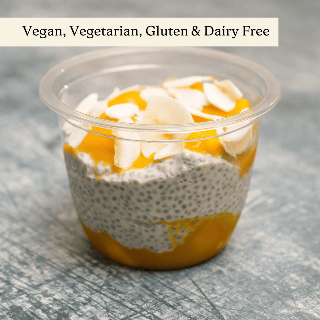 Mango & Coconut Chia Pudding Pots - clearly labelled, ready to serve, and sustainably packaged